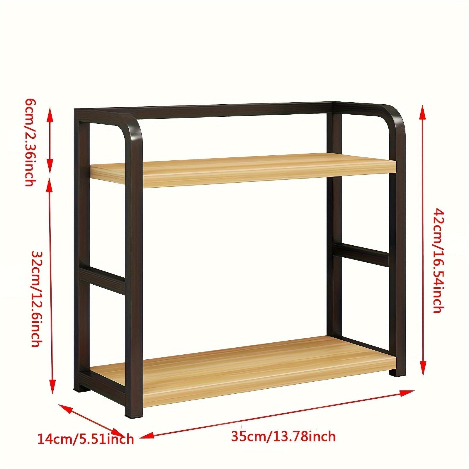 Schwarzes Metallregal mit zwei Holzablagen, 42cm hoch, ideal für Küche oder Büro.