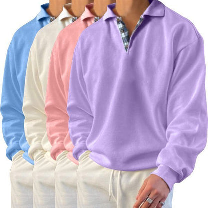 Vier Herren-Poloshirts in Pastellfarben: Lila, Rosa, Creme, Blau, aus Baumwolle.