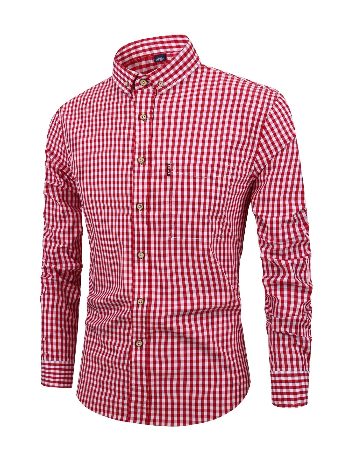 Rot-weiß kariertes Herrenhemd, langärmelig, Baumwolle, Freizeitmode, Knopfleiste.