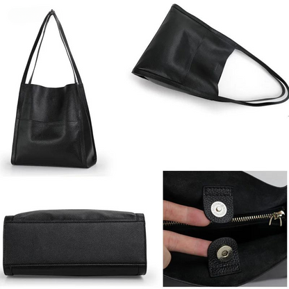 Schwarze Ledertasche, Shopper, mit Magnetverschluss, geräumig, modisch, Damenaccessoire.