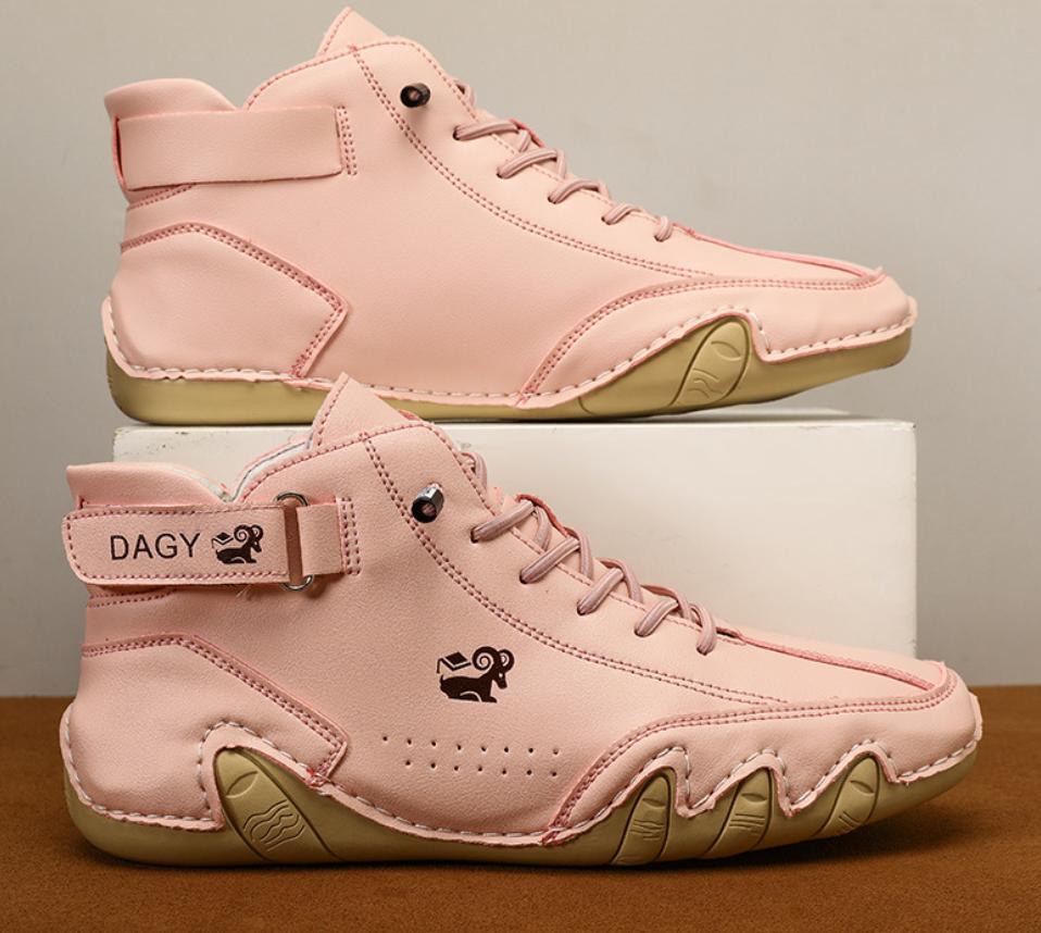 Rosa Damen-Sneaker aus Leder mit Klettverschluss, rutschfeste Sohle, modisches Design.
