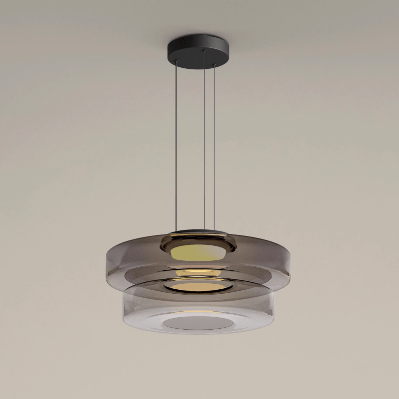 Moderne Hängelampe aus Glas, schwarz-grau, LED-Beleuchtung, minimalistisches Design.