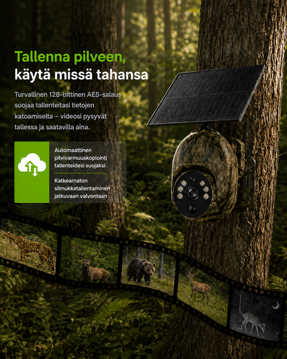 Kameran på en trädstam i skogen med en filmremsa av inspelade djur, däribland hjort och björn, för molnlagring. 8