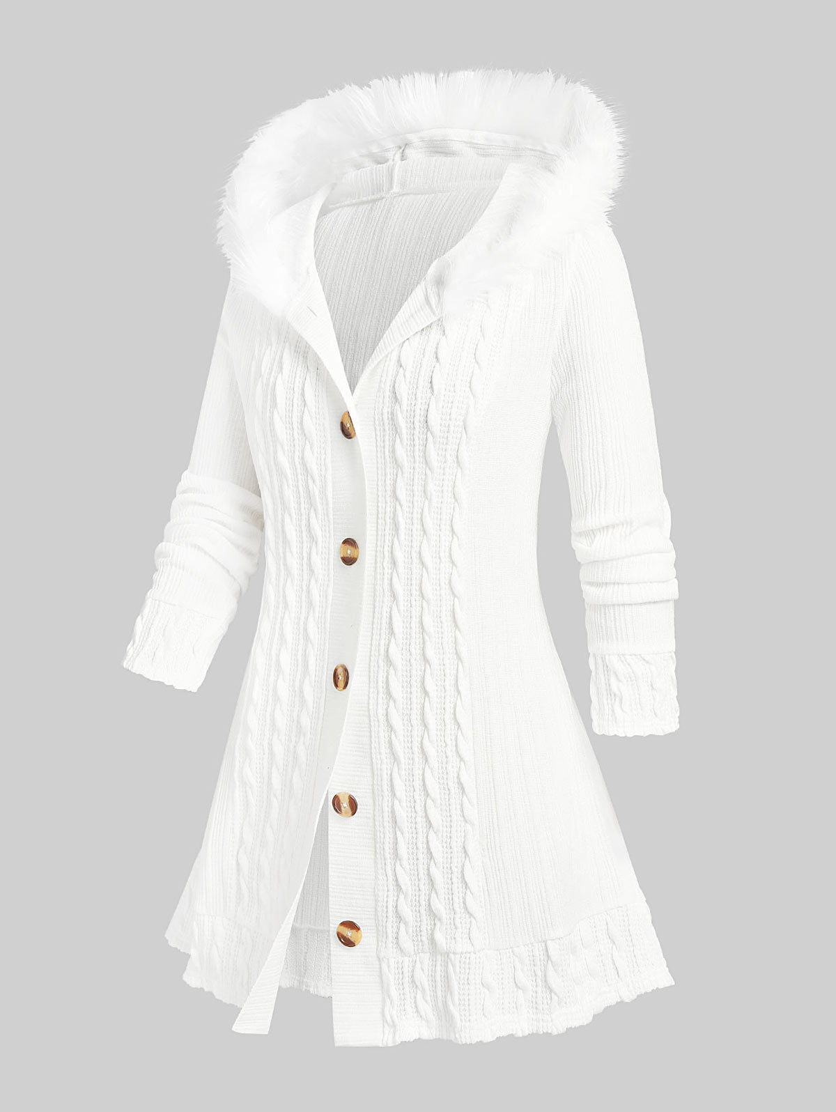 Weiße Strickjacke mit Kapuze, Knöpfen und Zopfmuster, Damenmode, Winterkleidung.