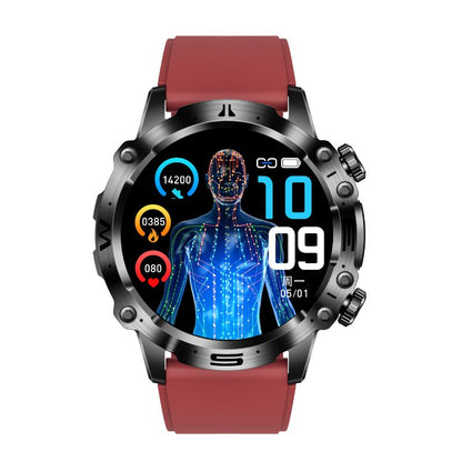 Smartwatch mit rotem Armband, digitalem Display, Gesundheits- und Fitness-Tracking-Funktionen.