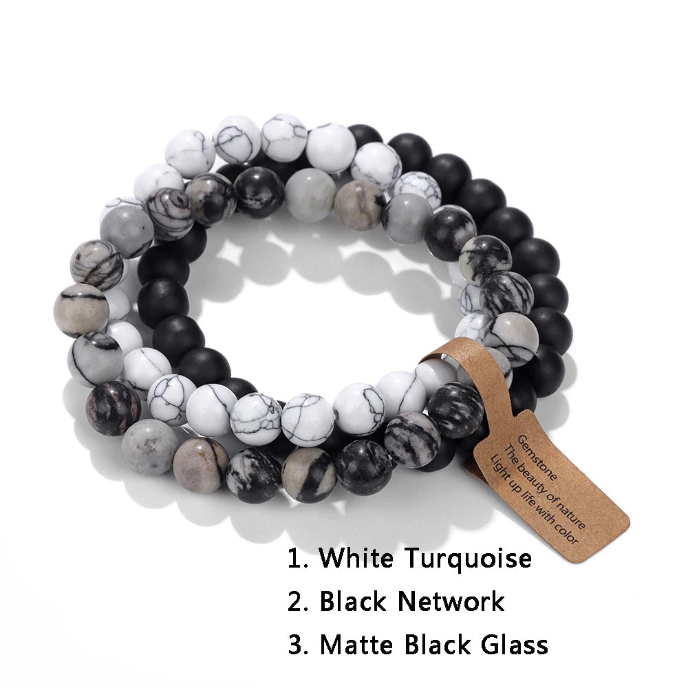 Armband-Set aus weißem Türkis, schwarzem Netzwerk, mattem schwarzem Glas, Naturstein.