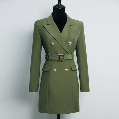 Grüner Damenblazer mit Gürtel, doppelreihig, elegantes Design, ideal für Business-Outfits.
