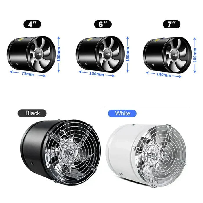 Schwarzer und weißer Rohrventilator, 4-7 Zoll, leise, für Belüftungssysteme.