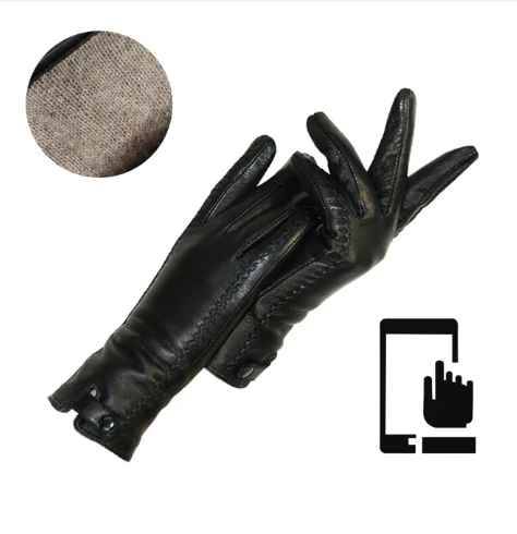 Schwarze Lederhandschuhe mit Touchscreen-Funktion, Futterdetail, elegant und funktional.