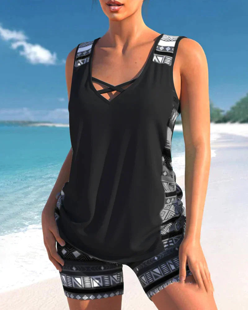 Trendig badmode med V-ringning och geometriskt mönster – Tankini-set Madonna