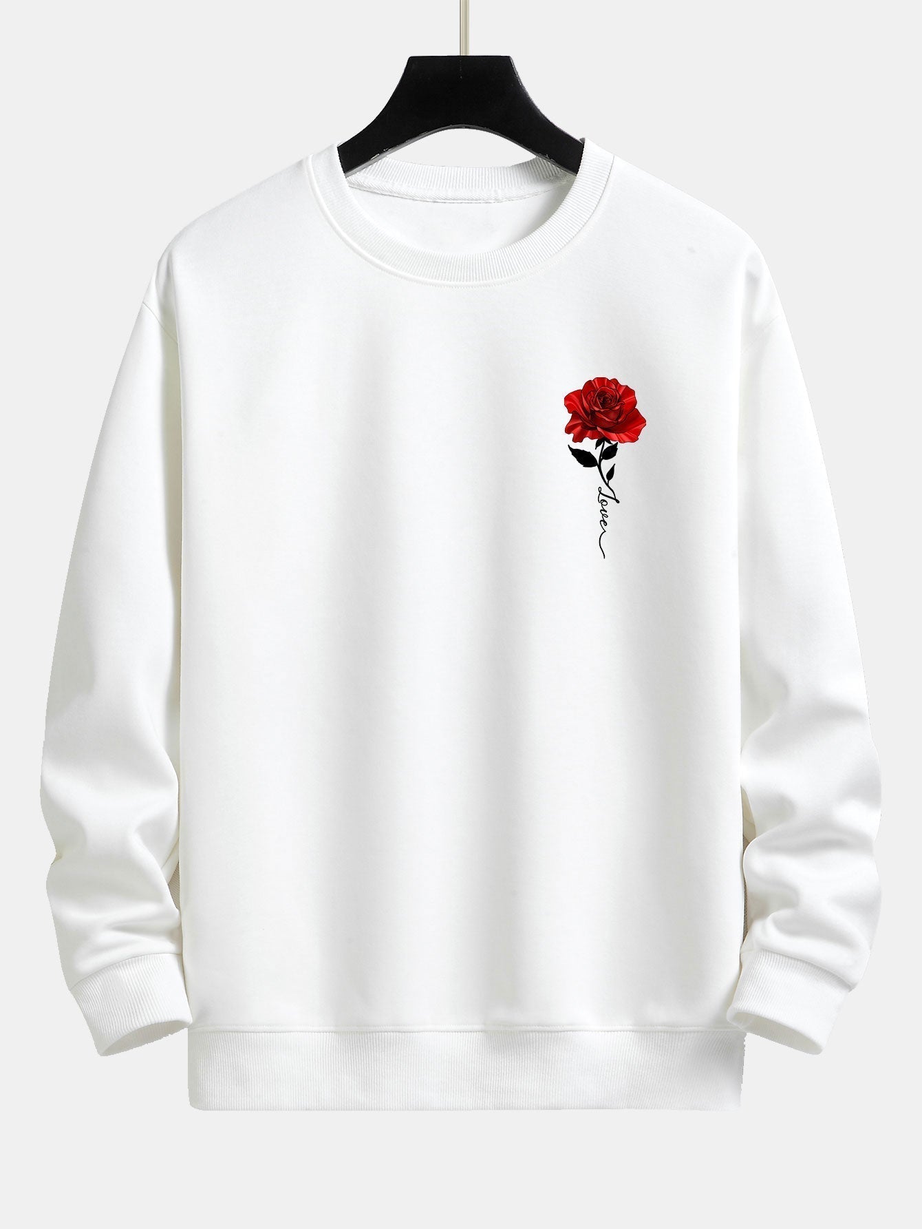 Weißer Pullover mit roter Rose, Unisex, Baumwolle, modisch, lässig, Langarm, Streetwear.