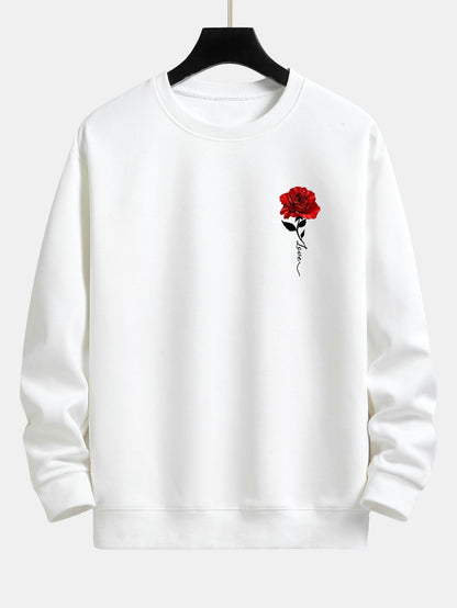 Weißer Pullover mit roter Rose, Unisex, Baumwolle, modisch, lässig, Langarm, Streetwear.