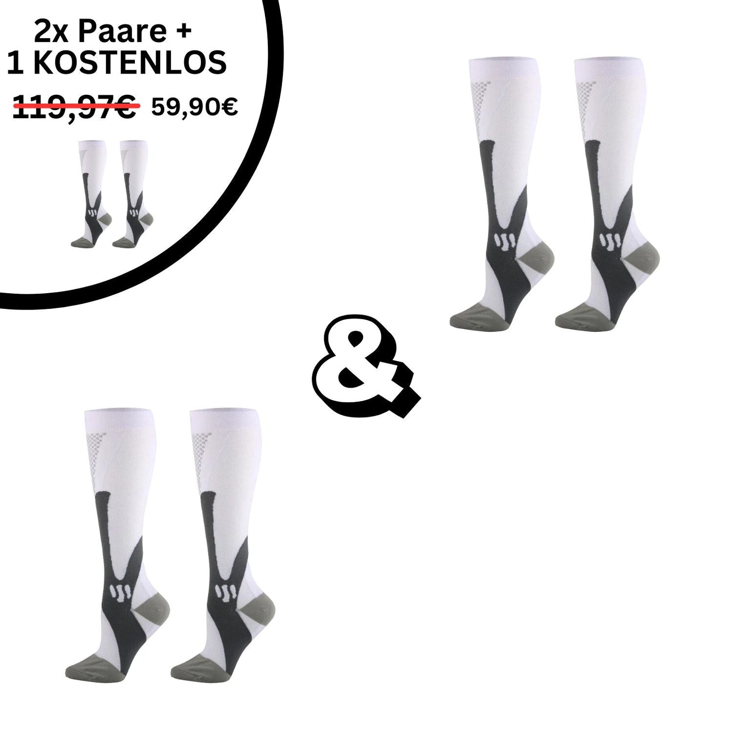 Weiße Kompressionsstrümpfe Angebot, 2+1 gratis, Sport, Unisex, atmungsaktiv, reduziert.