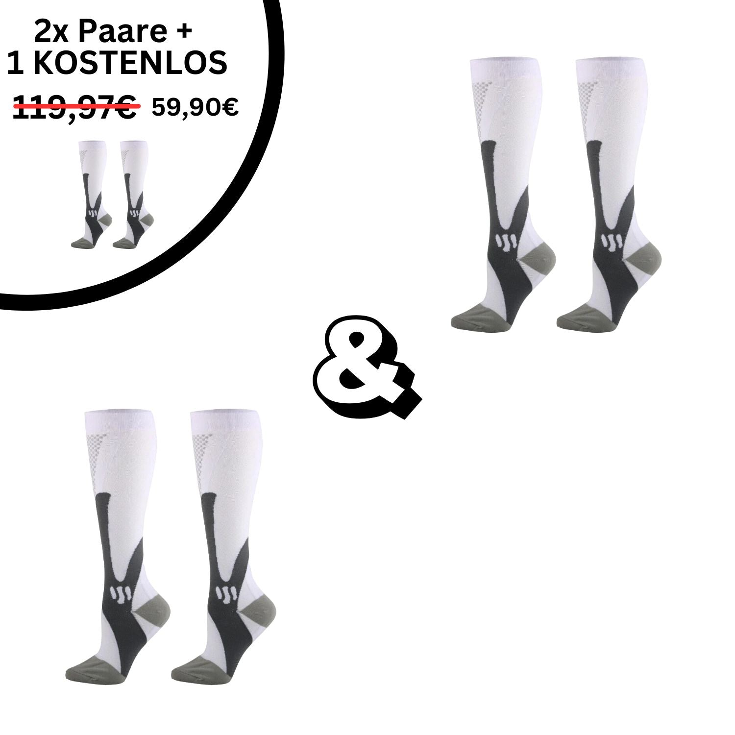 Weiße Kompressionsstrümpfe Angebot, 2+1 gratis, Sport, Unisex, atmungsaktiv, reduziert.