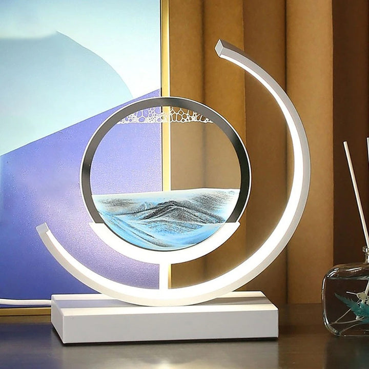 Moderne Sanduhrlampe mit LED, rund, blau-weiß, dekorative Tischleuchte für Wohnzimmer.