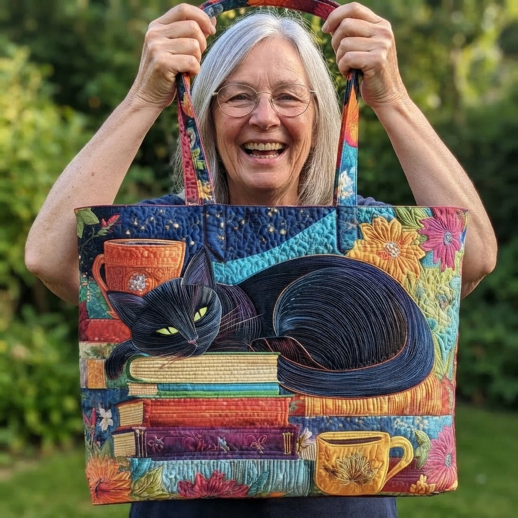 Leende kvinna med grått hår håller upp väskan framför sig i en trädgård och visar hela den quiltade framsidan. 2