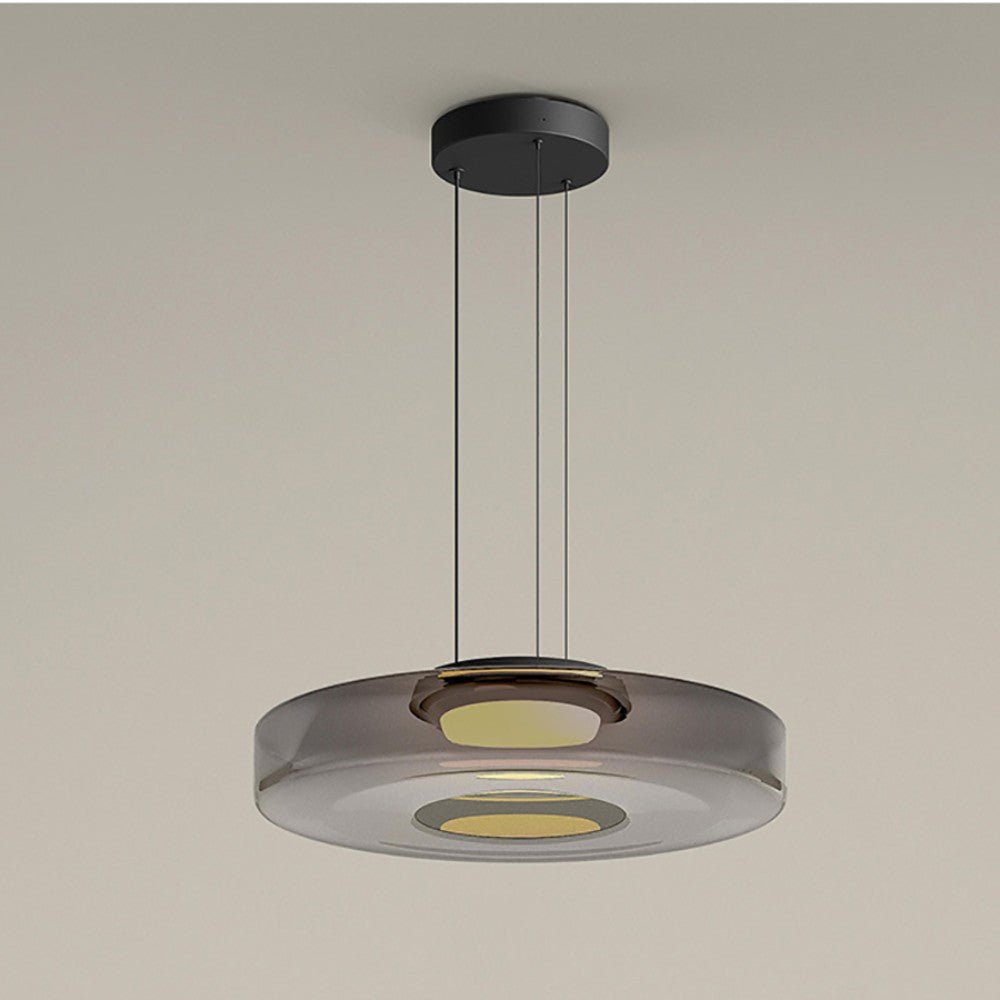Moderne runde Pendelleuchte aus Glas, schwarz-grau, LED, für Wohnzimmer oder Esszimmer.