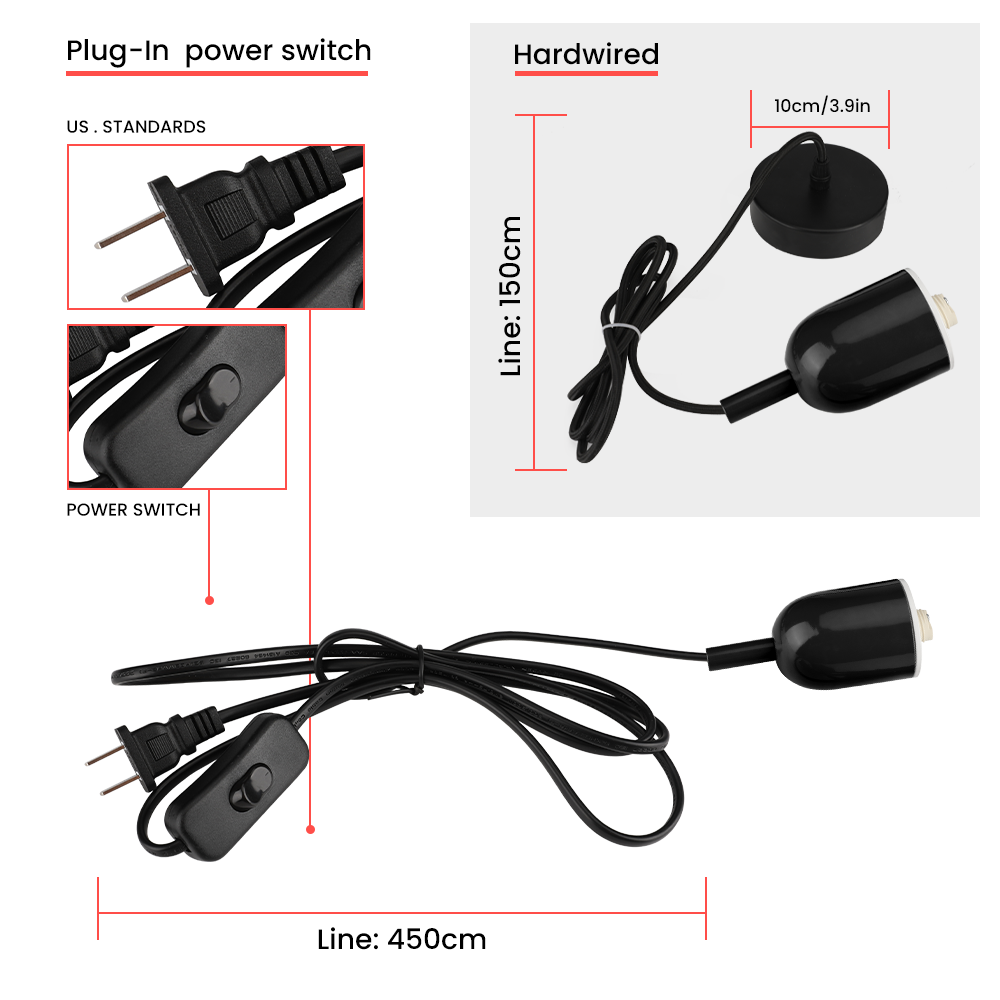 Schwarzer Plug-In-Schalter mit US-Stecker, 450cm Kabel, ideal für Beleuchtung, Hardwired-Option.