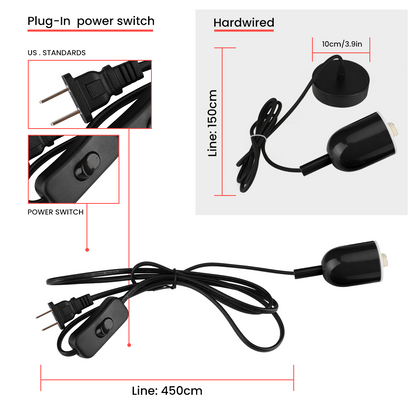 Schwarzer Plug-In-Schalter mit US-Stecker, 450cm Kabel, ideal für Beleuchtung, Hardwired-Option.