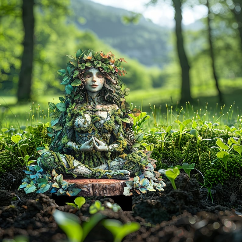 Meditationsfigur med slutna ögon och händerna samman, klädd i löv och mossa, sittande på en trästubbe i skogsmiljö. 21