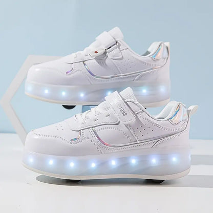 Weiße LED-Sneaker für Kinder, leuchtende Sohlen, Klettverschluss, modisch und bequem.