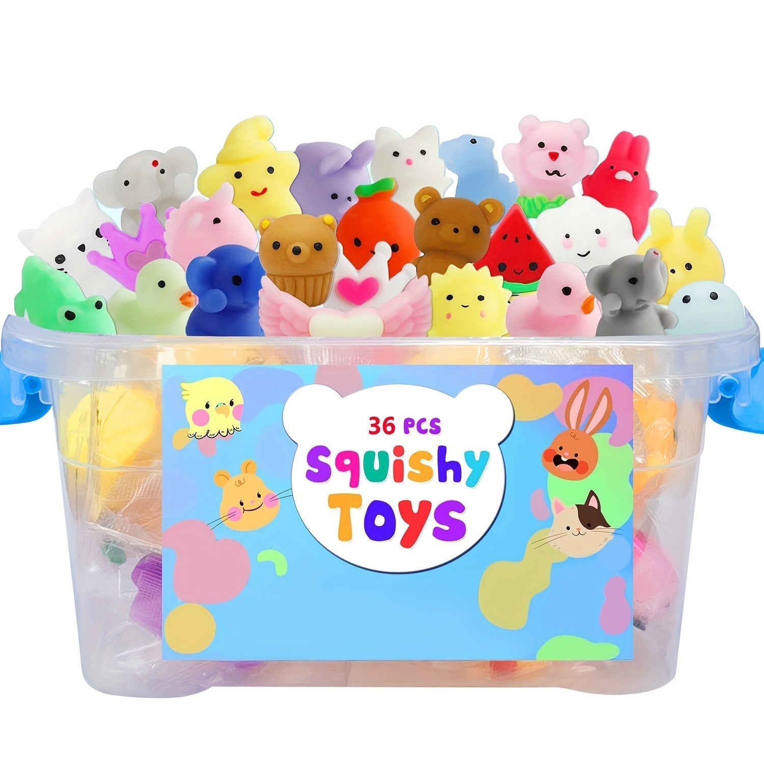 36 bunte Squishy-Spielzeuge in transparenter Box, stressabbauend, für Kinder, Geschenkidee.
