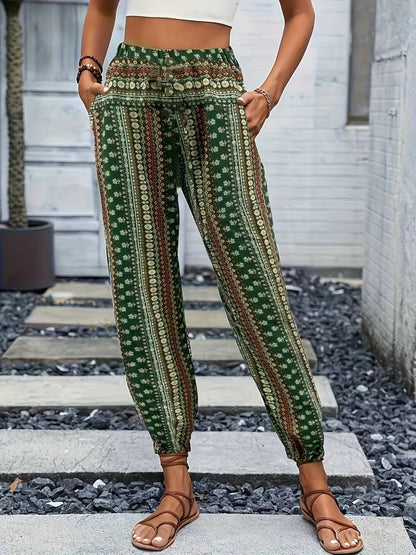 Boho Högmidjade Dambyxor med tryck och smockad midja – Linara