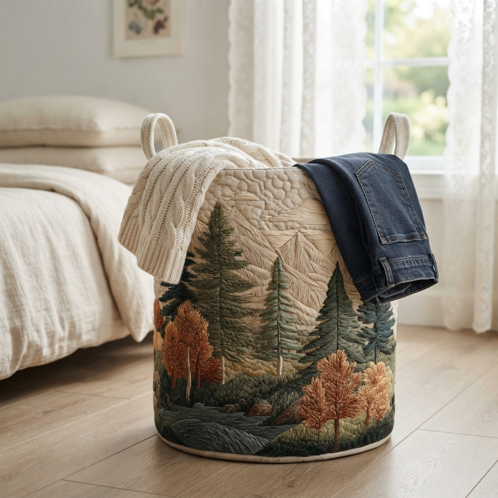 Korgen med skogsmotiv står vid en säng med en stickad tröja och ett par jeans slängda över kanten. 13
