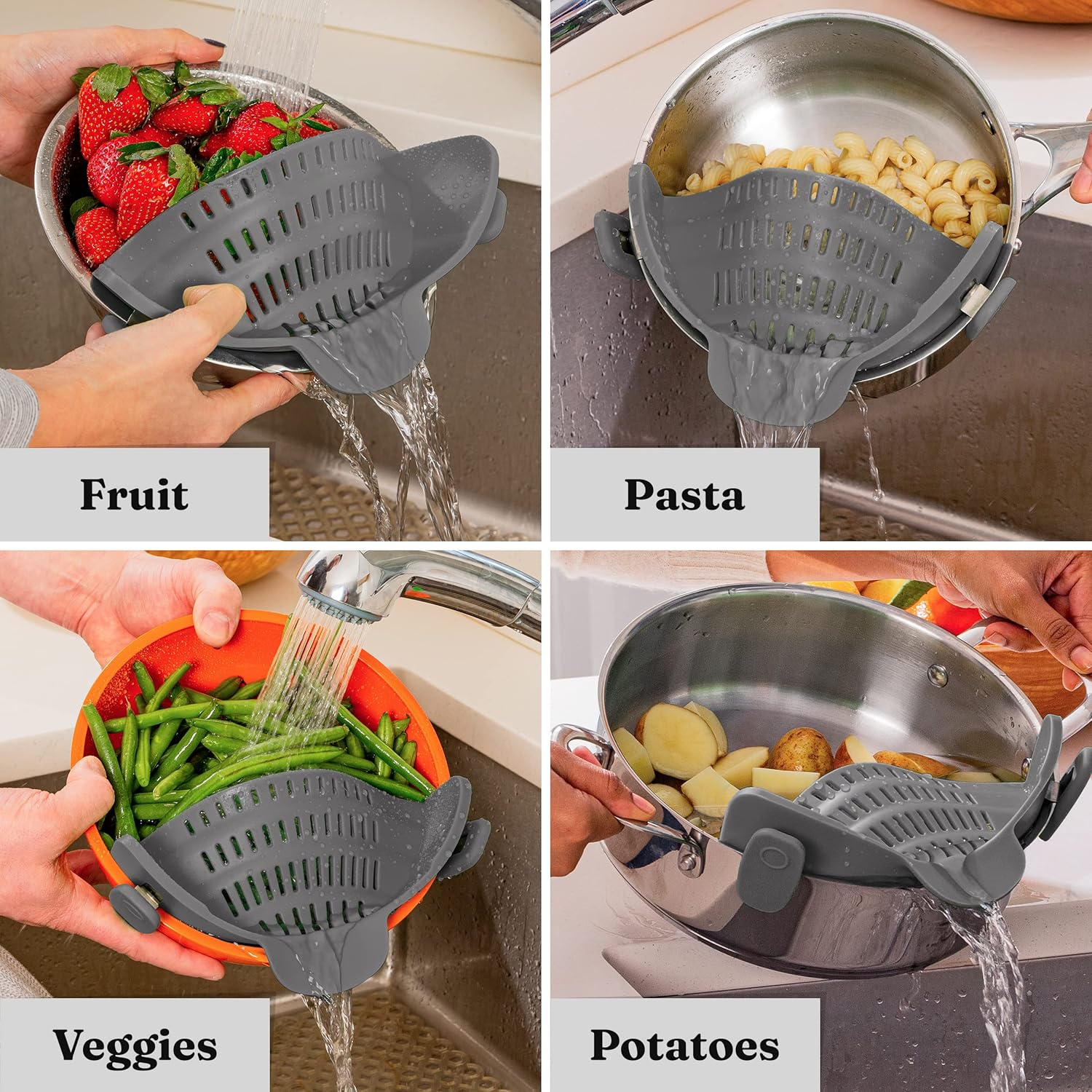 Grauer Silikon-Siebaufsatz für Töpfe, ideal zum Abgießen von Obst, Gemüse, Pasta, Kartoffeln.