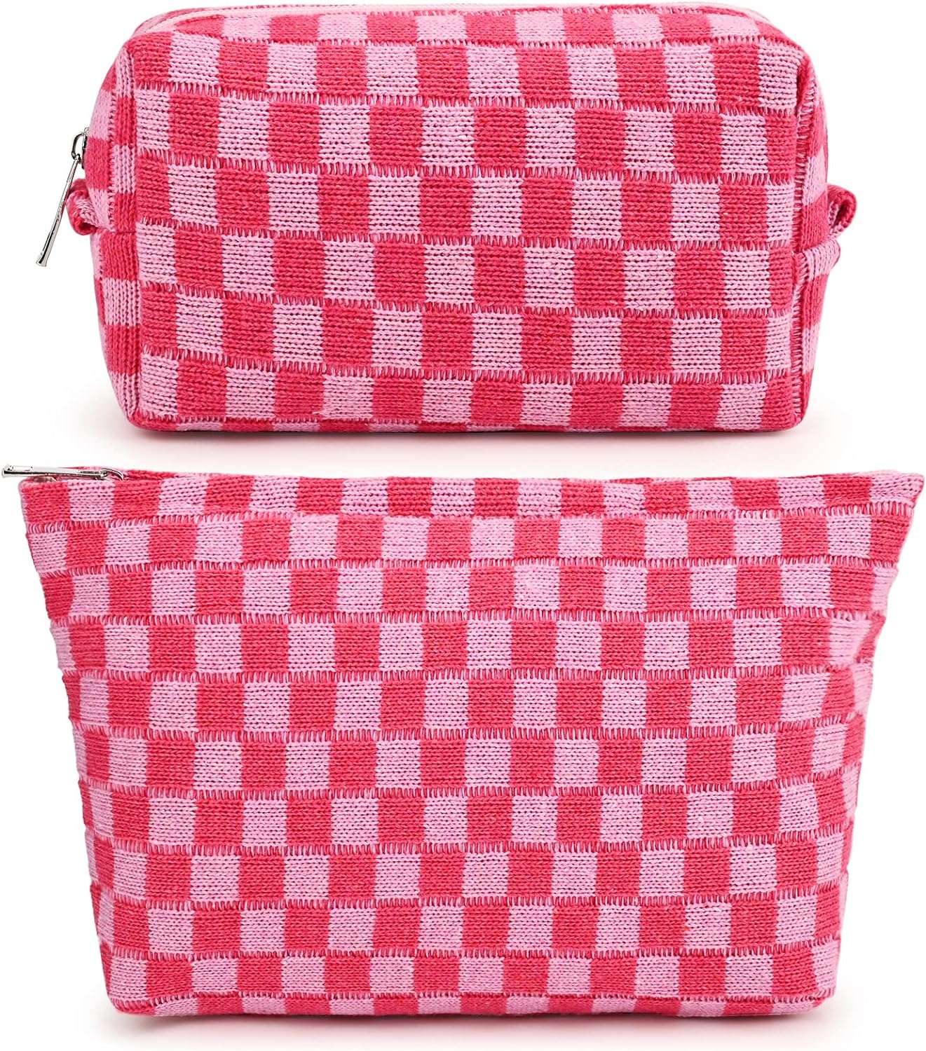 Rosa-weiß karierte Kosmetiktasche Set, Reißverschluss, Baumwolle, Reise-Organizer, stilvoll.