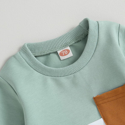 Grünes Baby-Sweatshirt mit brauner Tasche, Rundhalsausschnitt, Größe 70, Baumwolle.