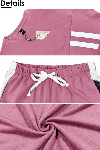Rosa Damen-Sportanzug, Baumwolle, mit Streifen, elastischer Bund, bequem, modisch