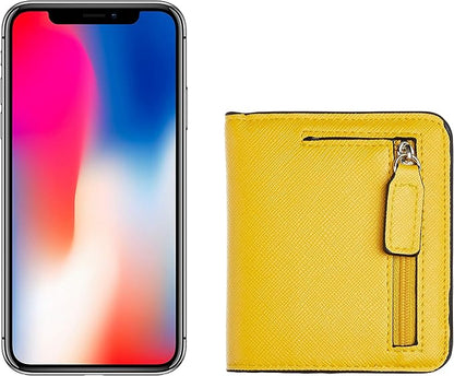 Gelbes Lederportemonnaie mit Reißverschluss neben Smartphone mit randlosem Display.