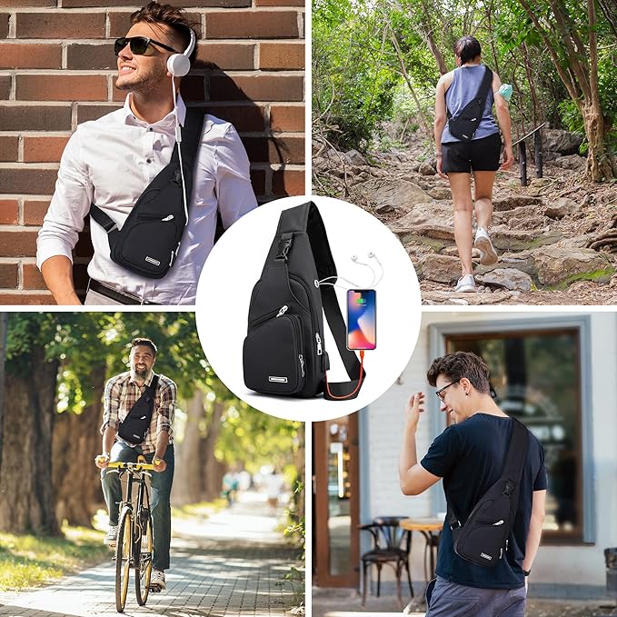 Schwarze Umhängetasche mit USB-Anschluss, ideal für Outdoor-Aktivitäten und Reisen.