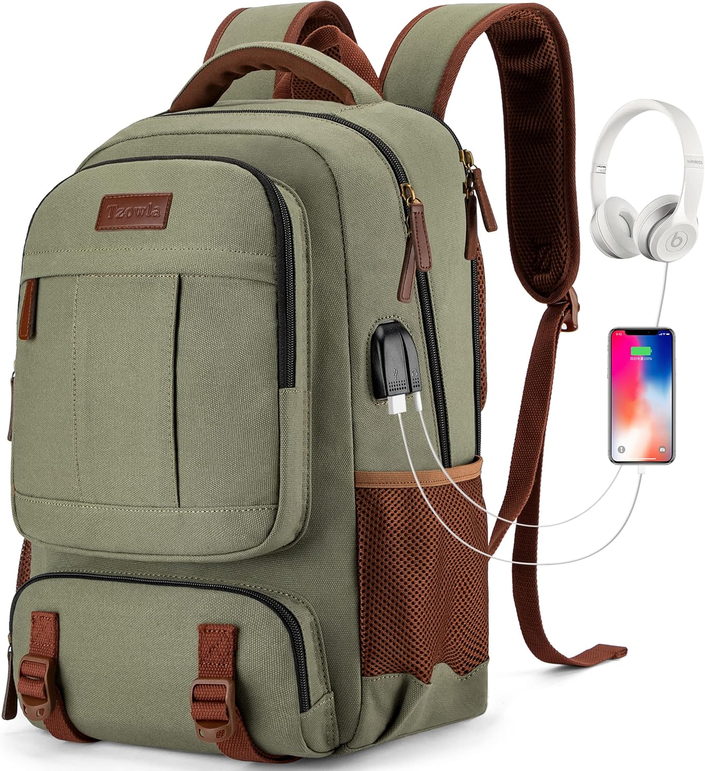 Stöldsäker canvas laptop- och resryggsäck med USB-anslutning – Passar för laptops upp till 43,94 cm