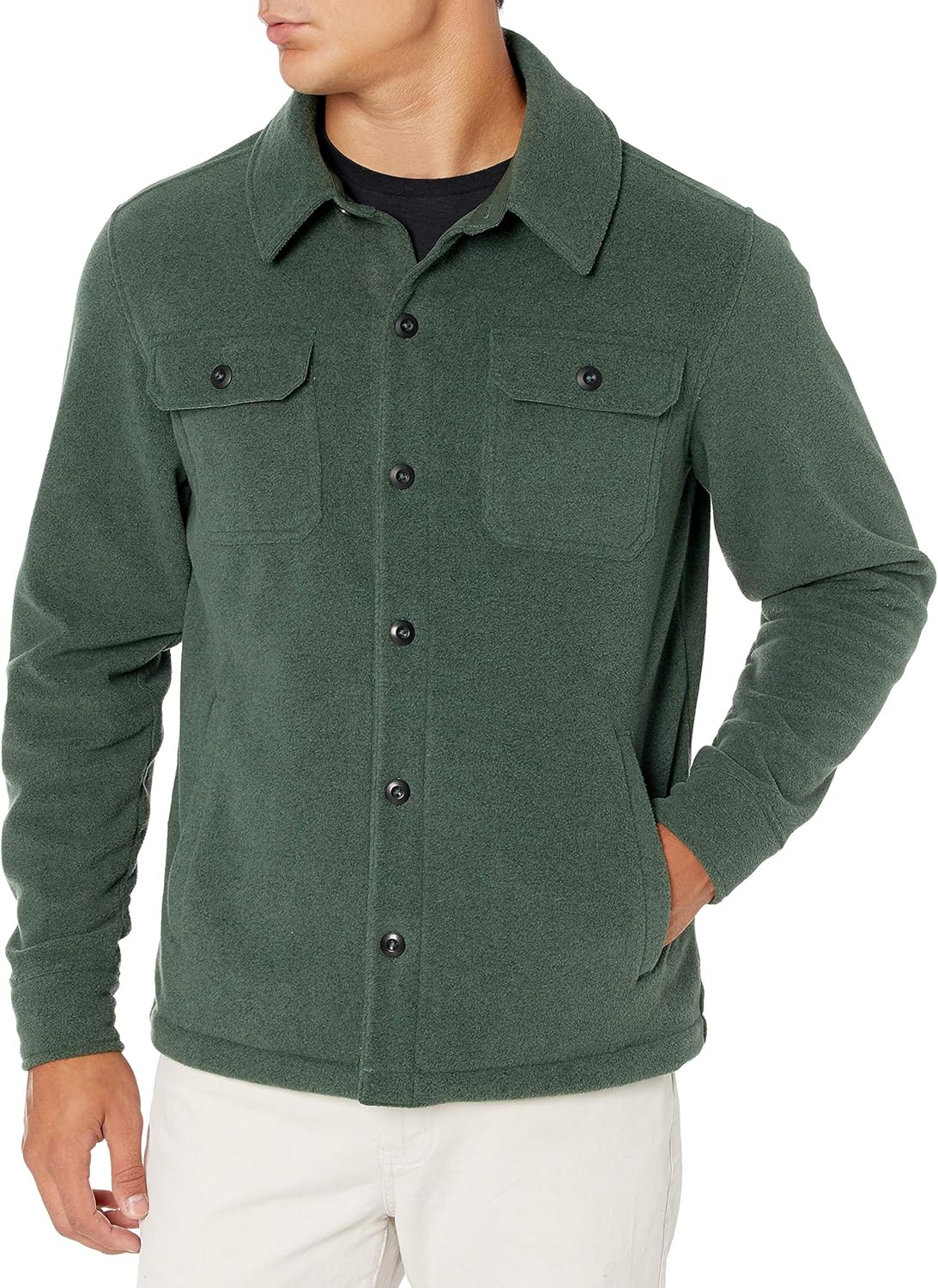 Grüne Herren-Fleecejacke mit Knopfleiste, Brusttaschen, langärmelig, lässiger Stil.
