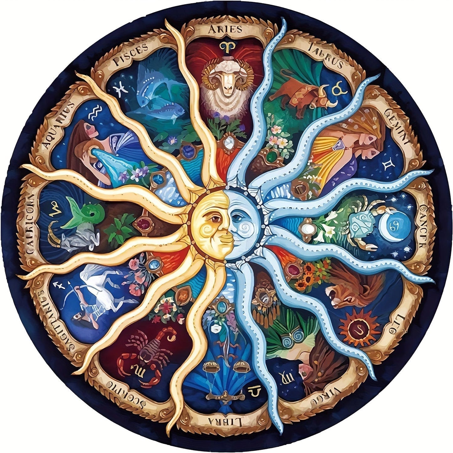 Buntes Tierkreiszeichen-Rad mit Sonne und Mond, astrologische Symbole, Kunstwerk.