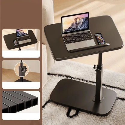 Helsvart laptopbord med dator och mobil på en lurvig matta, med detaljrutor över höjdlåsvred och svarta fyrkantsrör till vänster. 5