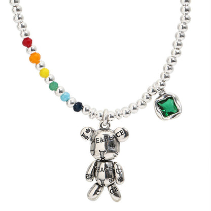 925 Sterling Silber Halskette mit Bär-Anhänger und grünem Zirkon, Damen Schmuck.