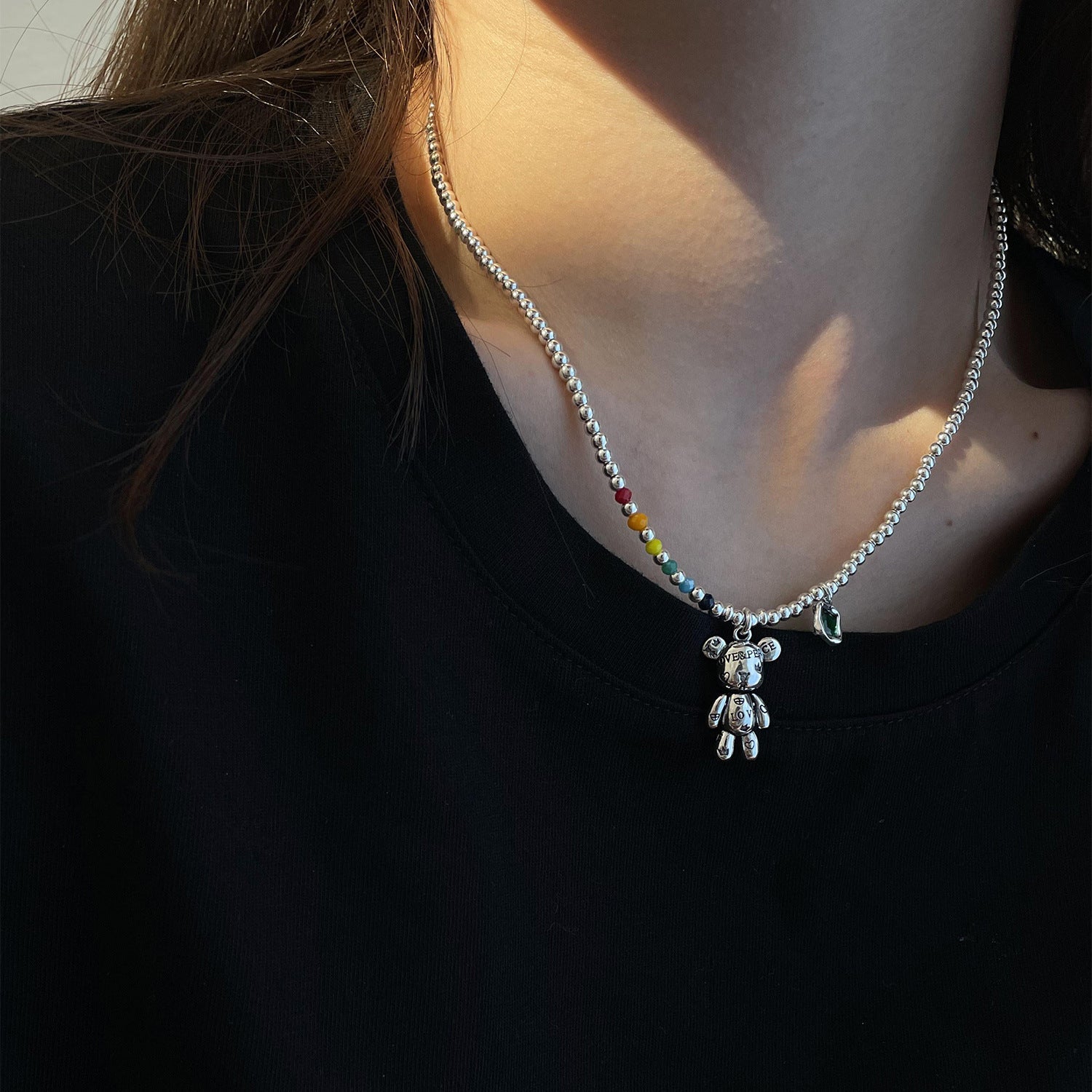 925 Sterling Silber Choker Halskette mit Bär und grünem Zirkon, Damen Schmuck.