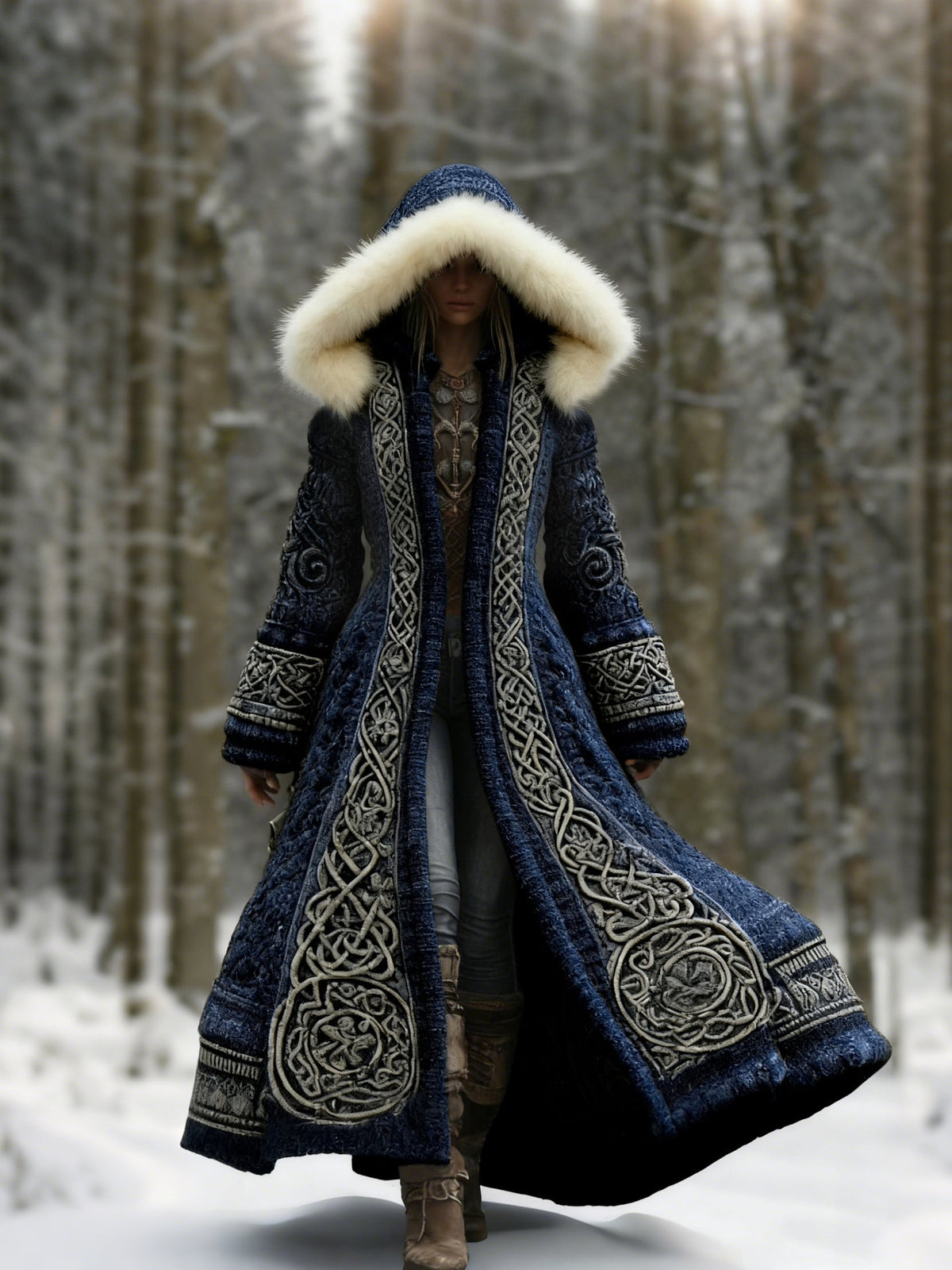 Marinblå version av kappan med pälskantad huva och broderade mönsterbårder, buren i snöig skog 2