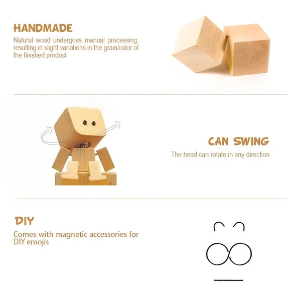 Infografik med två träklossar, huvudet som kan vridas åt alla håll och lösa magnetiska ansiktsdelar. 3