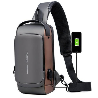 Grauer, wasserdichter Sling-Rucksack mit USB-Ladeanschluss für Herren.
