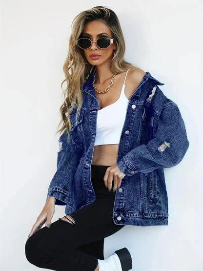 Vattentålig & Fodrad Oversized Dam Jeansjacka med Huva – Höstunderverk Talia