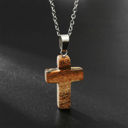Braune Stein-Kreuzkette mit silberner Kette, modisches Schmuckstück für Herren und Damen.