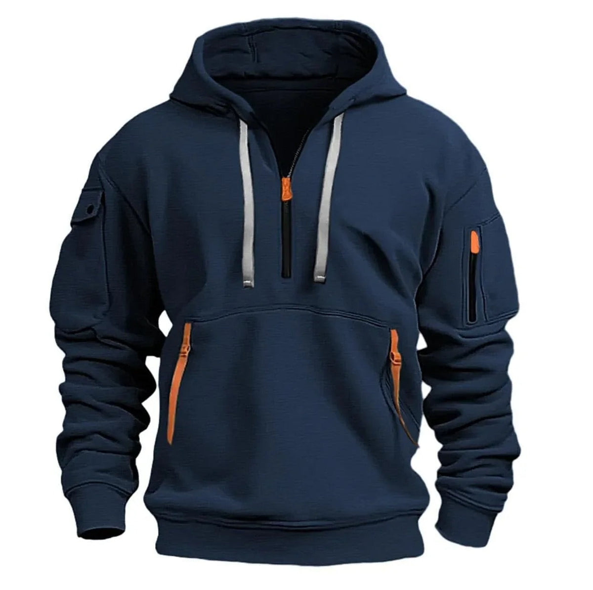 Marinblå hoodie sedd framifrån med halv dragkedja, ljusgrå dragsnören, orange dragkedjesliders och fickor med dragkedja på framsidan och ärmen. 4