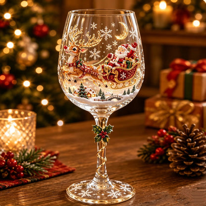 Glas med motiv av tomten i släde dragen av en ren över ett snöigt byläge, med månen ovanför 3