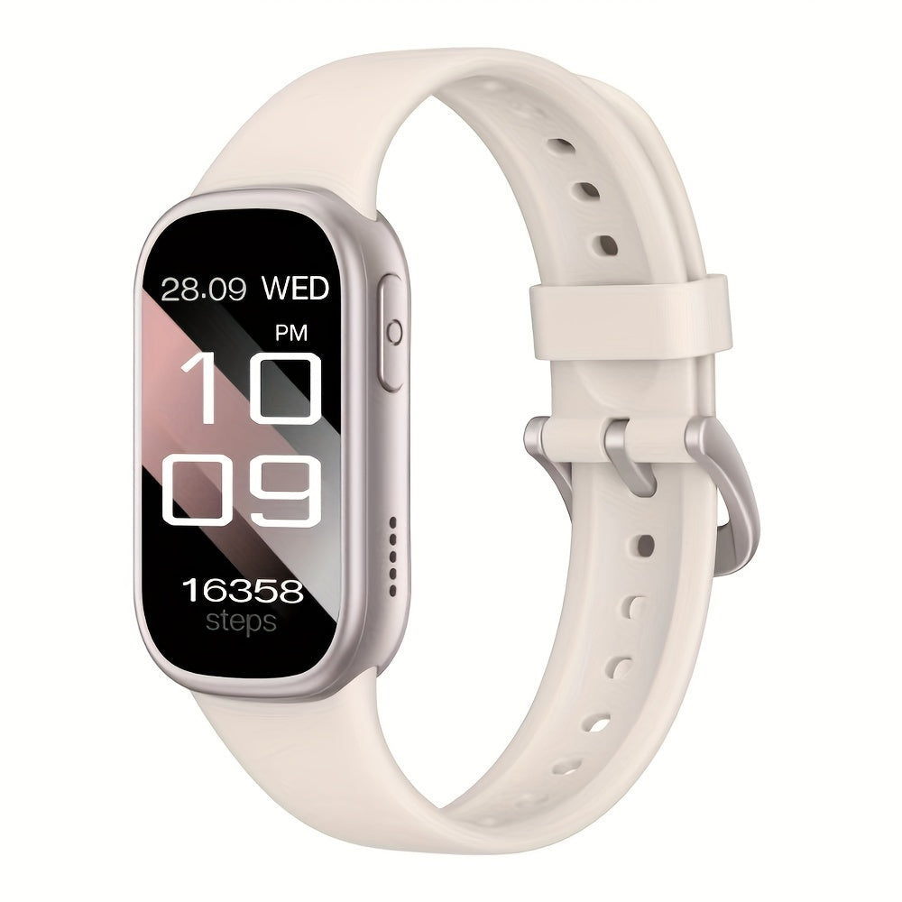 Weiße Smartwatch mit rechteckigem Display, Fitness-Tracker, Schrittzähler, modernes Design.