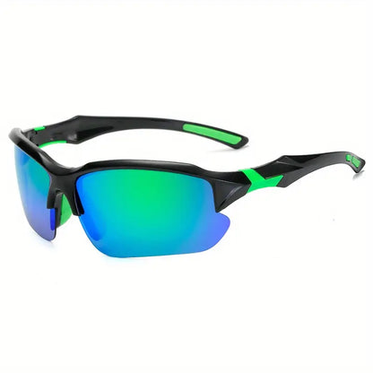Schwarze Sportsonnenbrille mit grünen Akzenten und blauen polarisierten Gläsern.