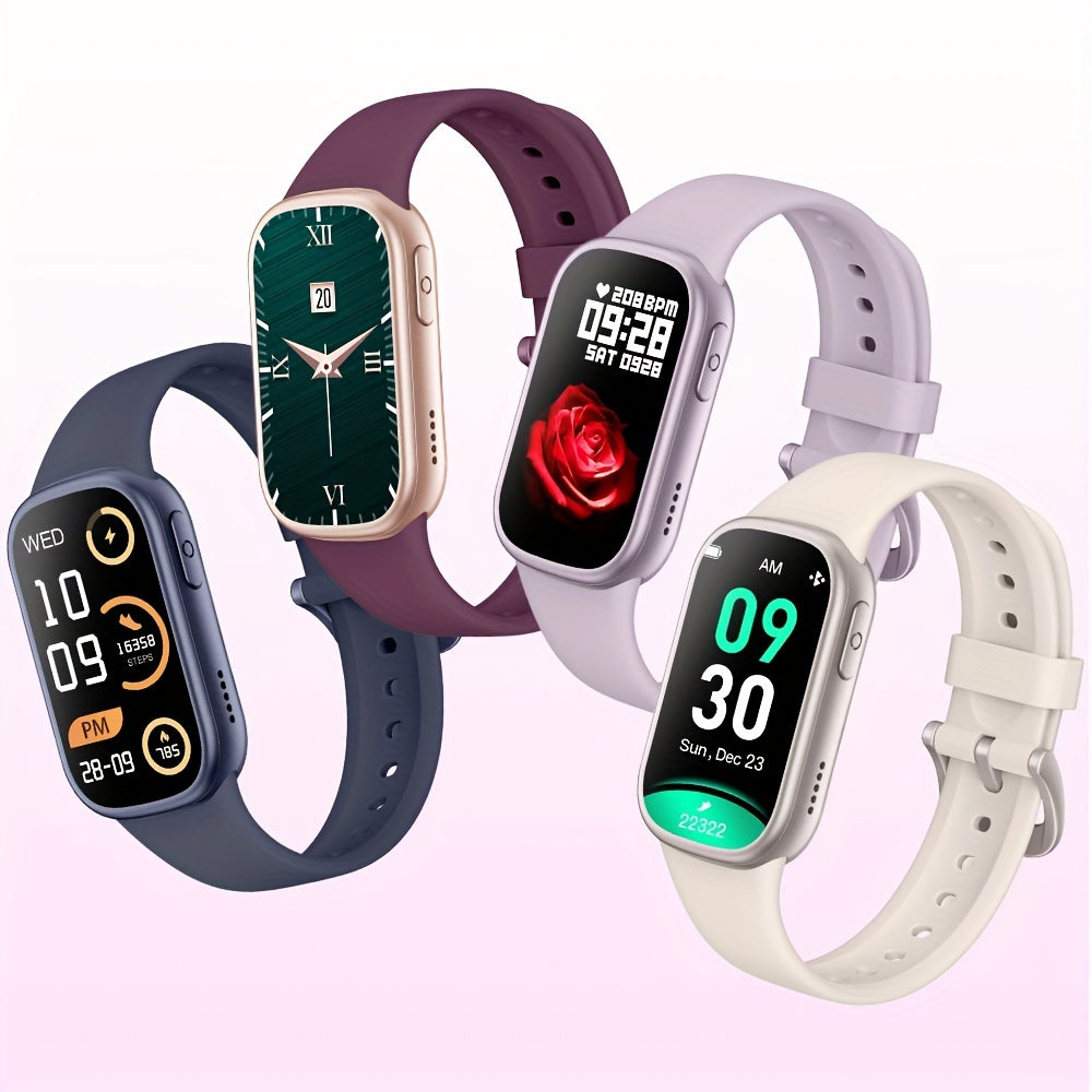 Smartwatches in Lila, Dunkelrot, Weiß, mit digitalen Zifferblättern, Fitness-Tracker-Funktion.